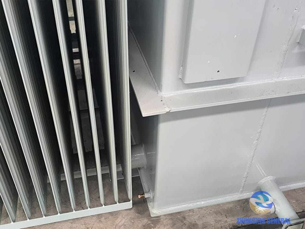 Radiator fin spacing measurement on 2500 kVA oil-immersed transformer — Zhongxin General quality control