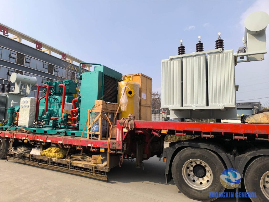 2500 kVA oil-immersed transformer loaded on truck ready for domestic dispatch — Zhongxin General Sichuan factory
