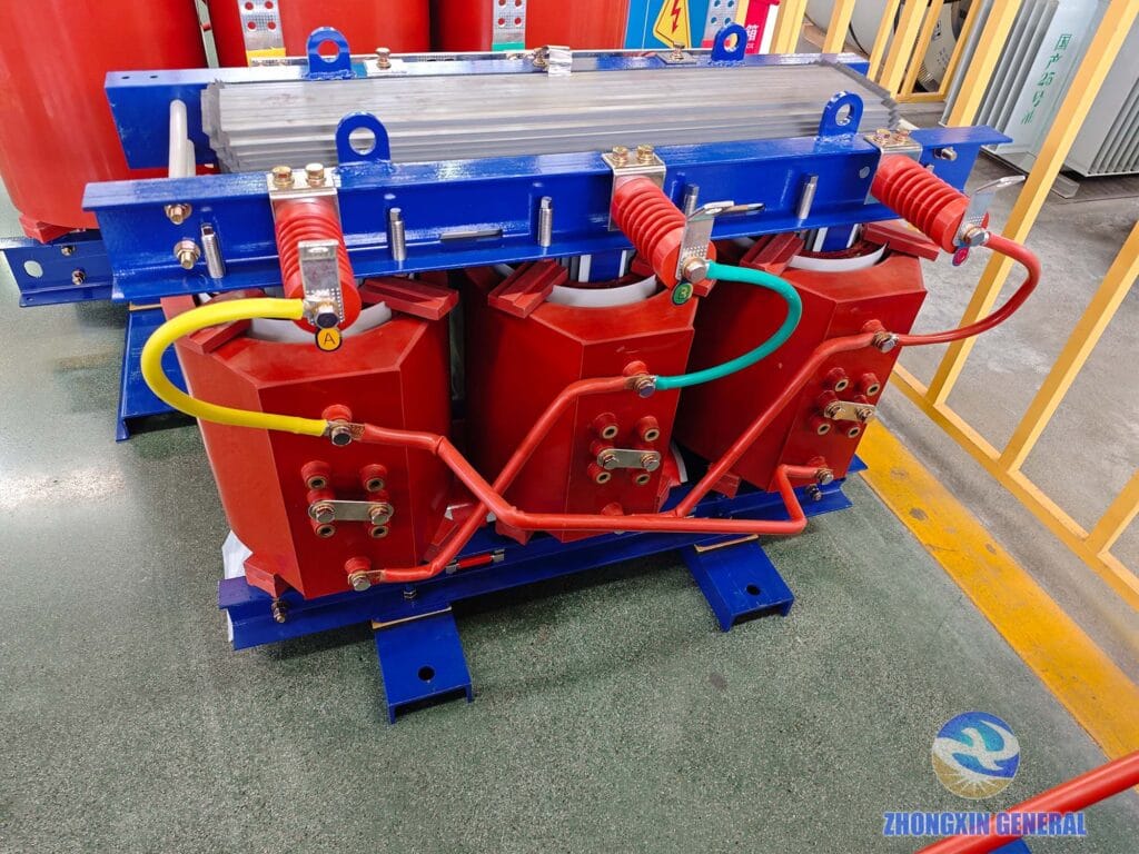 250 kVA cast resin dry-type transformer assembled and awaiting factory acceptance testing — Zhongxin General test area
