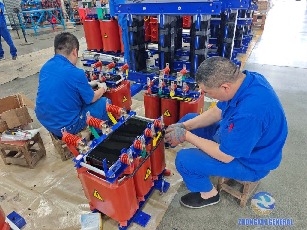 Two professional technicians performing final assembly and quality inspection of 30 kVA dry-type transformer — Zhongxin General Sichuan