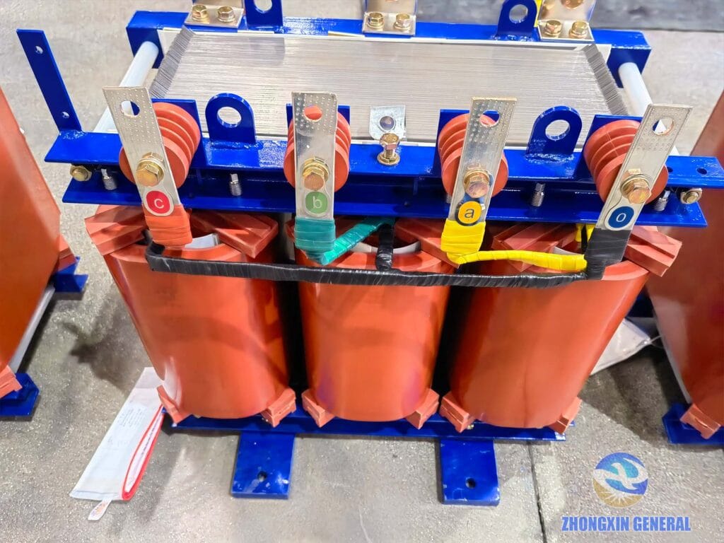 High-voltage terminal detail of 30 kVA cast resin dry-type transformer — 10kV HV bushing and tap connections Zhongxin General