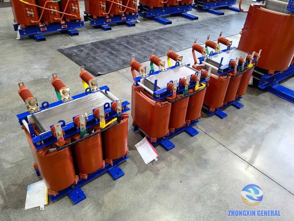 Three 30 kVA cast resin dry-type transformers completed initial assembly awaiting factory acceptance testing — Zhongxin General