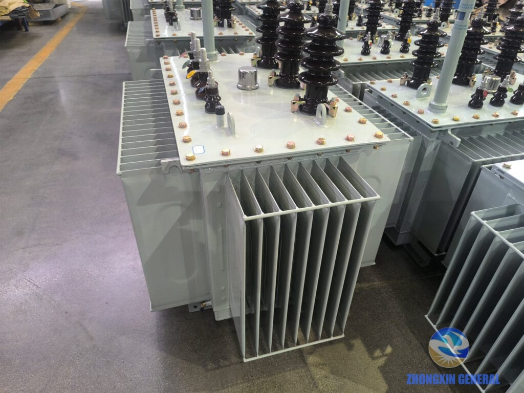 315 kVA oil-immersed transformer corrugated fin radiator tank close-up — Zhongxin General