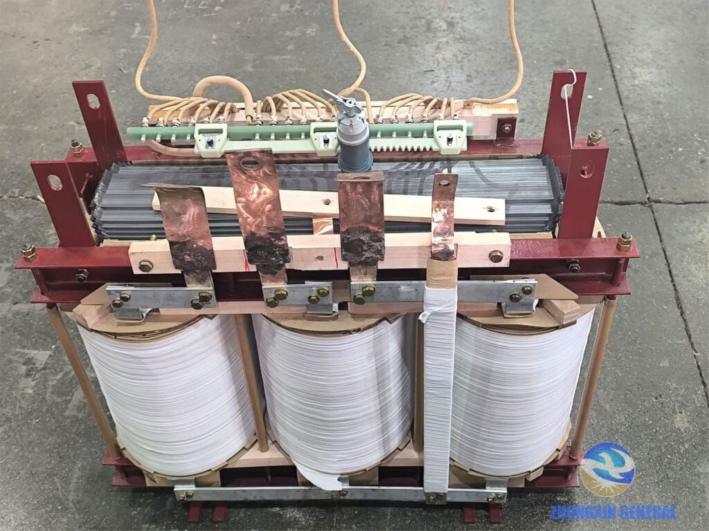 315 kVA oil-immersed transformer assembled winding — low-voltage end close-up Zhongxin General