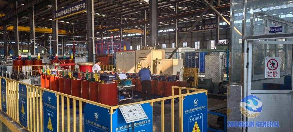 Multiple 3600 kVA dry-type transformers undergoing factory acceptance testing — Zhongxin General test workshop