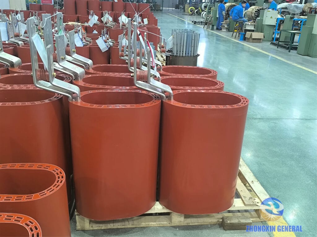 Completed low-voltage winding coils of 3600 kVA cast resin dry-type transformer on display — Zhongxin General