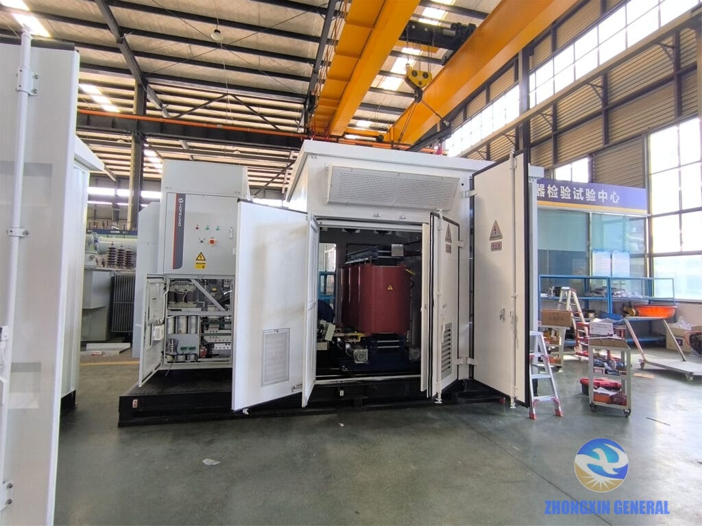 3600 kVA dry-type transformer being installed into prefabricated substation enclosure — Zhongxin General