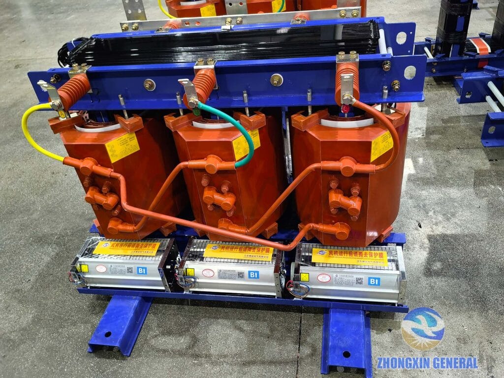400 kVA cast resin dry-type transformer high-voltage terminal end close-up — HV bushing and tap connection detail Zhongxin General