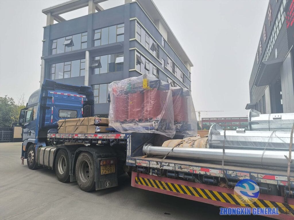 Two 400 kVA cast resin dry-type transformers loaded on truck ready for domestic dispatch — Zhongxin General Sichuan factory