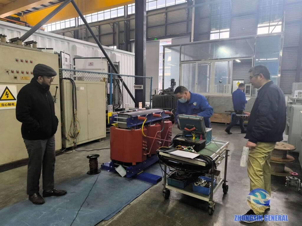 Cast resin dry-type transformer undergoing routine factory acceptance testing — winding resistance, voltage ratio, no-load and load loss Zhongxin General