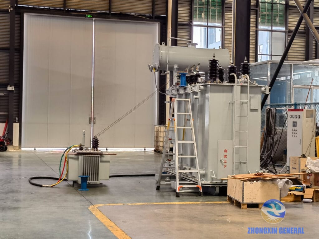 400 kVA oil-immersed distribution transformer undergoing factory acceptance testing — Zhongxin General Sichuan