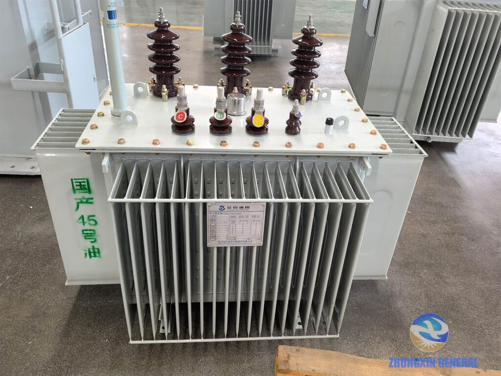 400 kVA oil-immersed transformer winding assembly completed — low-voltage end close-up, Zhongxin General factory