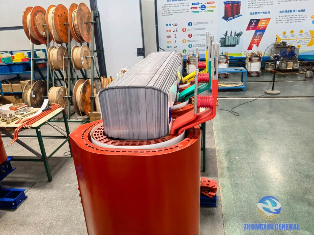 Silicon steel core lamination detail during assembly of 5000 kVA dry-type transformer — Zhongxin General