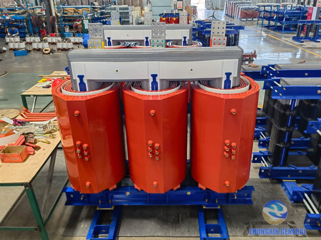 Final assembly of 5000 kVA cast resin dry-type transformer showing high-voltage terminal end — Zhongxin General