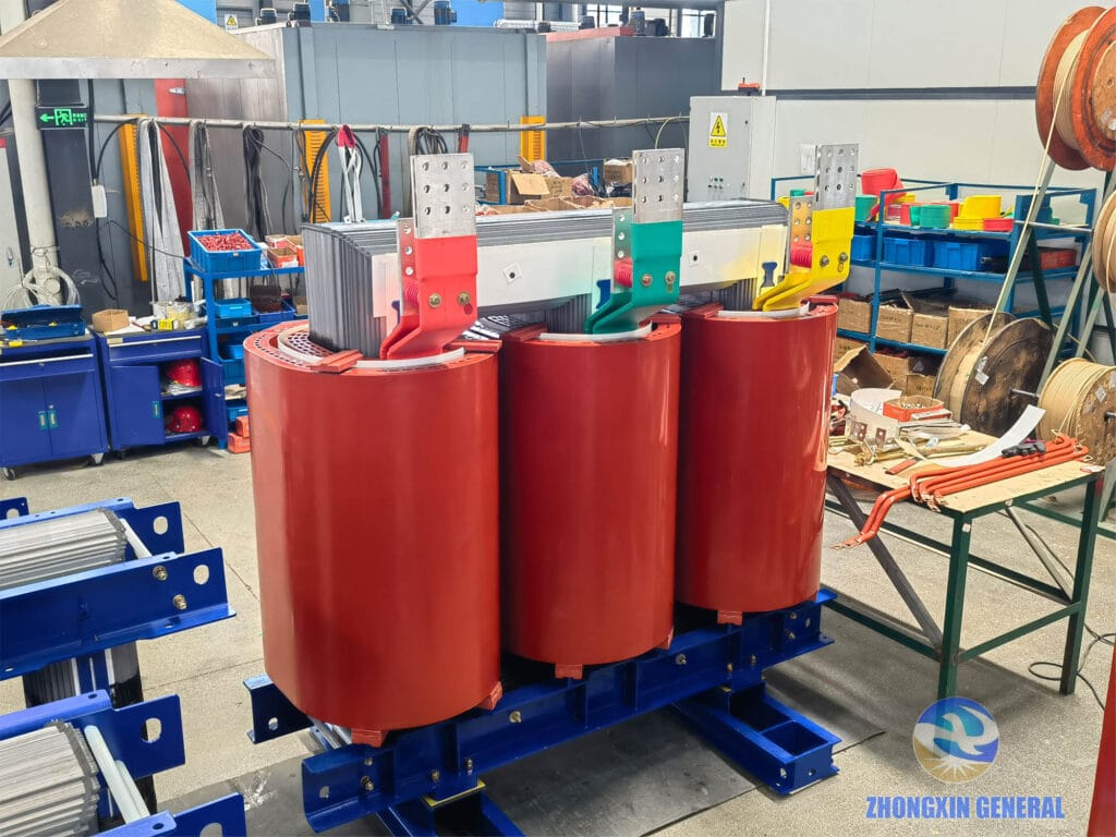 Final assembly of 5000 kVA cast resin dry-type transformer showing low-voltage busbar end — Zhongxin General