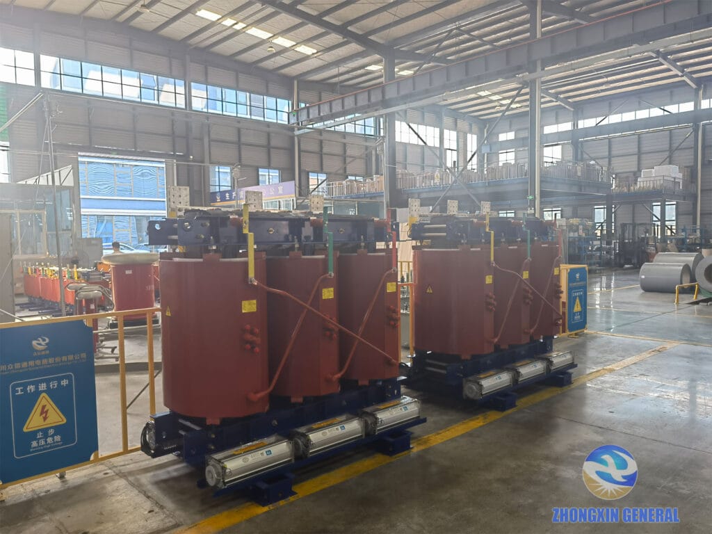 Two completed 5000 kVA cast resin dry-type transformers viewed left to right — Zhongxin General