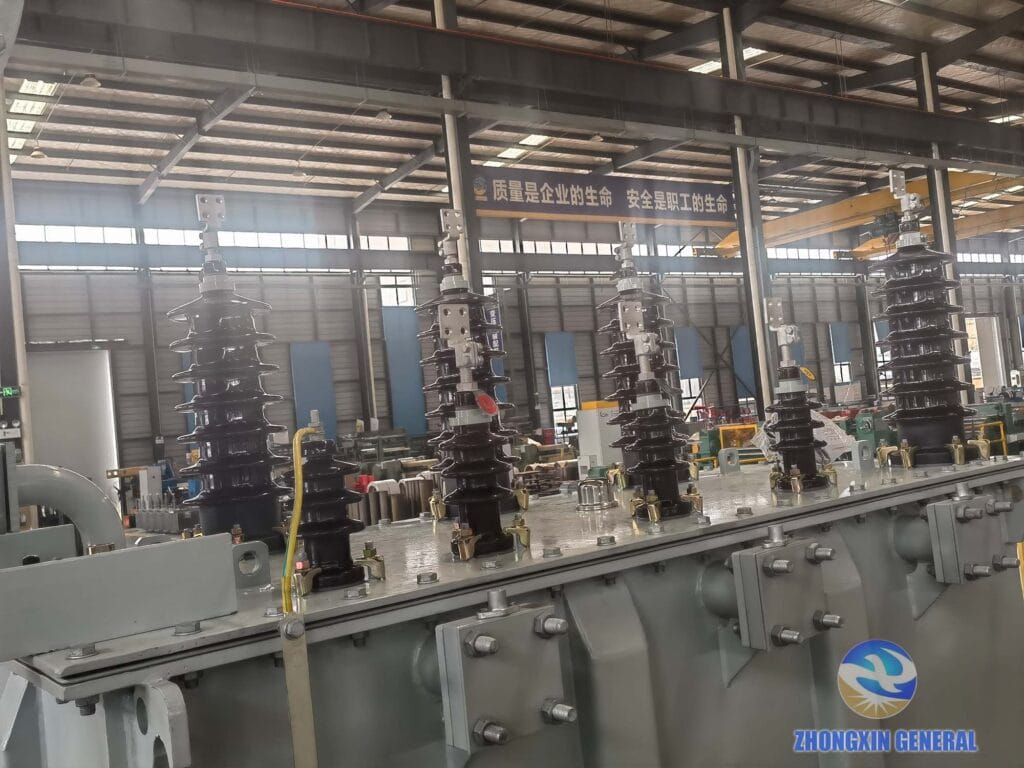 Top view of completed 5000 kVA oil-immersed transformer showing bushings and conservator — Zhongxin General
