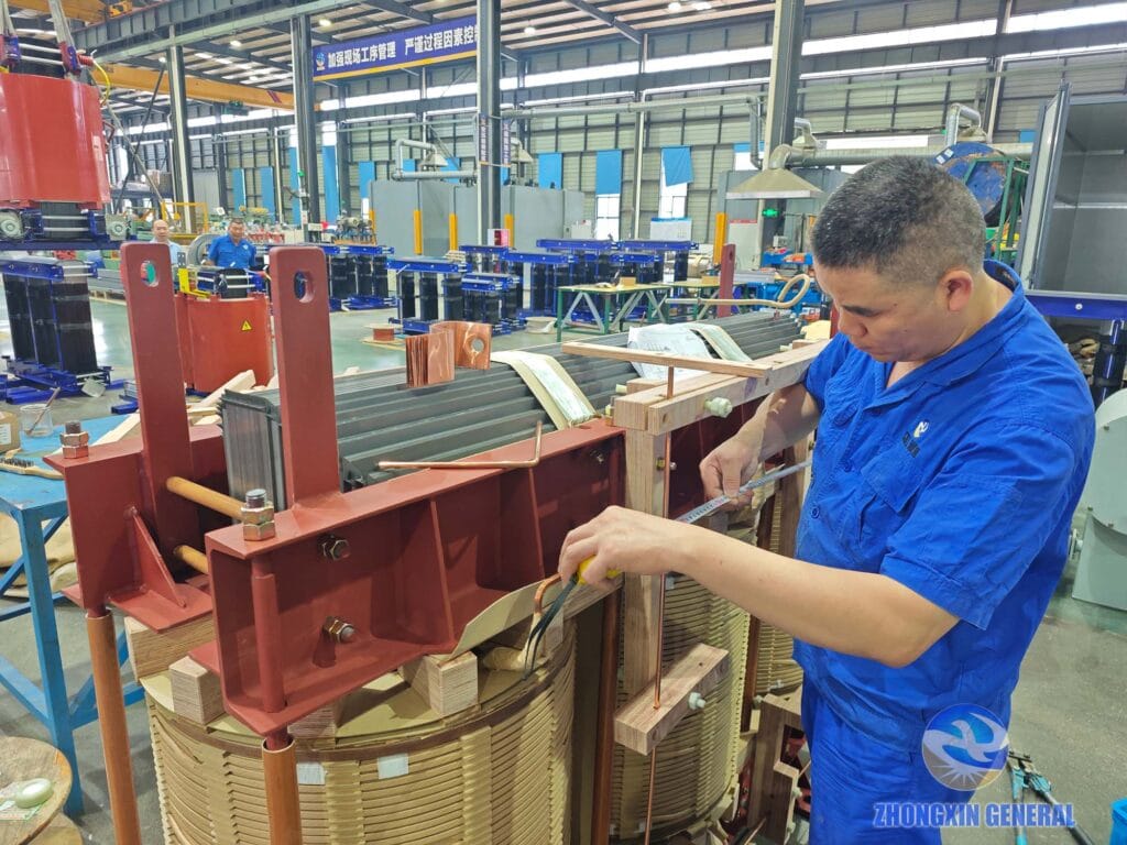 Technician measuring internal structural frame of 5000 kVA transformer active part — Zhongxin General