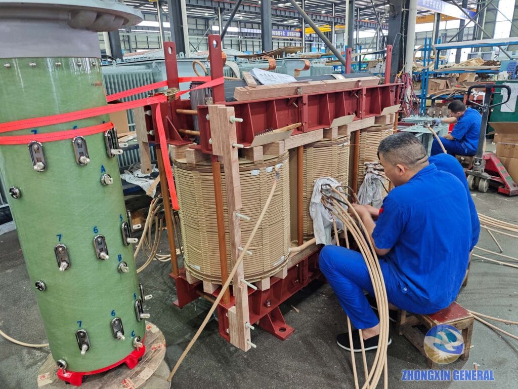 Technician processing HV and LV lead wires on 5000 kVA oil-immersed transformer — Zhongxin General factory