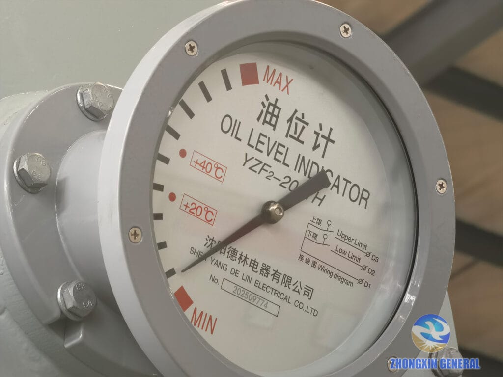 Close-up of oil level gauge on 5000 kVA oil-immersed transformer conservator — Zhongxin General