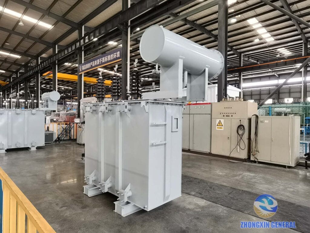 5000 kVA oil-immersed transformer staged for routine factory acceptance testing — Zhongxin General test area