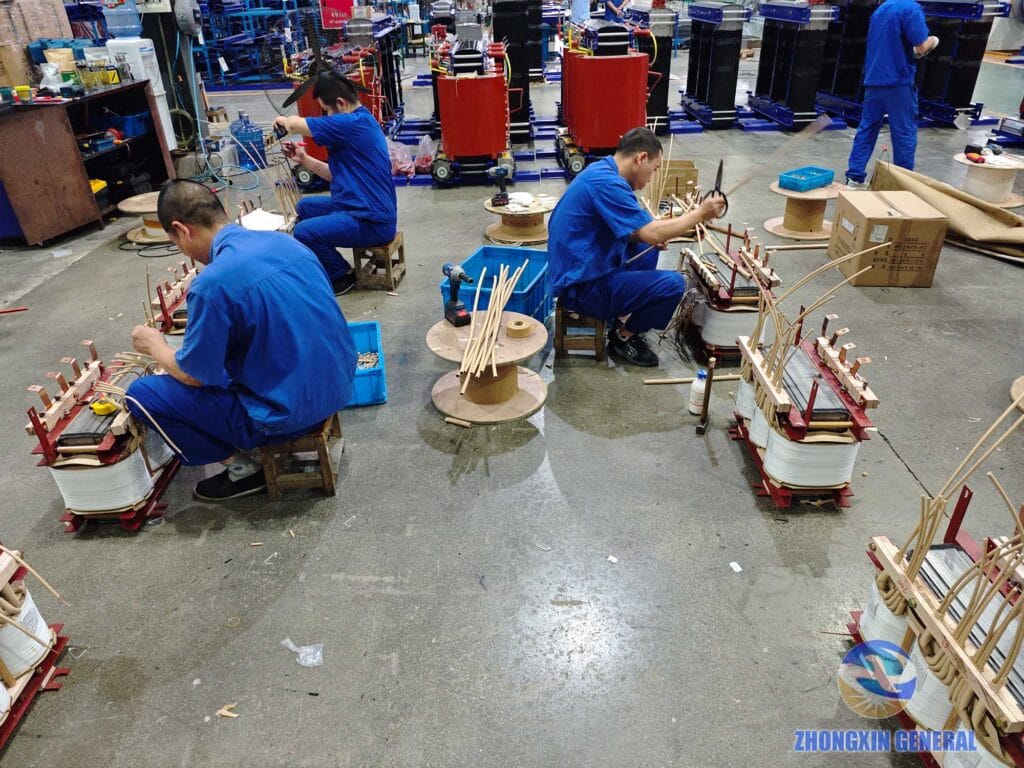 Three technicians cutting lead wires on 50 kVA oil-immersed transformer active part — Zhongxin General Sichuan factory