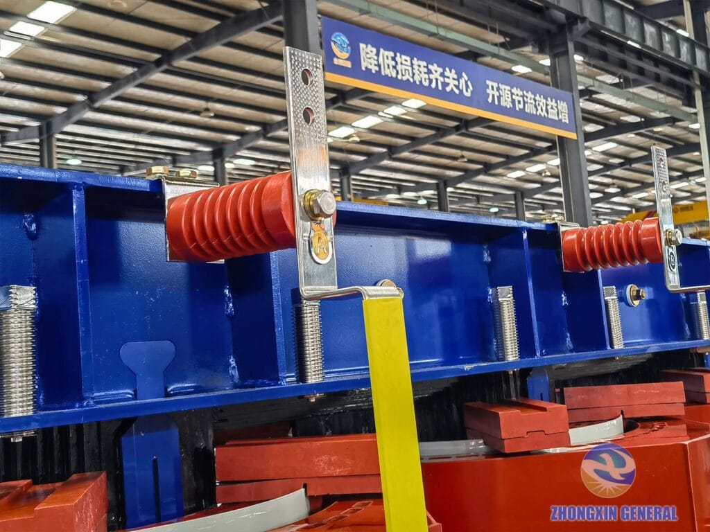 High-voltage copper busbar and insulator terminal detail on 6300 kVA cast resin dry-type transformer — Zhongxin General
