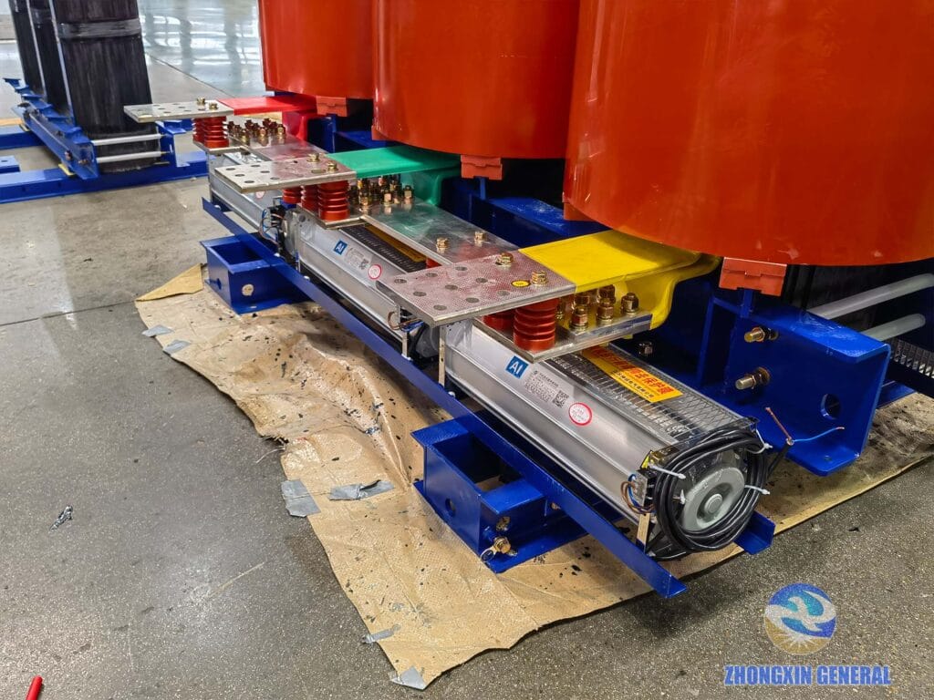 Low-voltage copper busbar and insulator terminal detail on 6300 kVA cast resin dry-type transformer — Zhongxin General