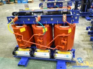 630 kVA dry-type transformer body and structural clamping frame connection — LV winding cooling air ducts visible Zhongxin General