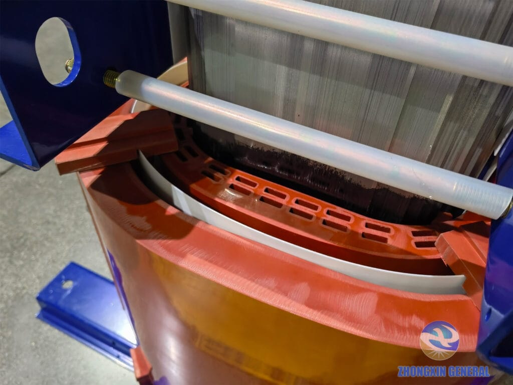 630 kVA dry-type transformer core and coil assembly detail — laminated silicon steel core and HV LV winding air gap spacing visible Zhongxin General