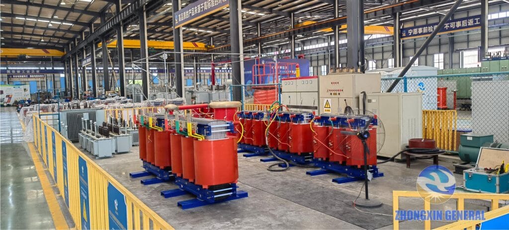 Multiple 630 kVA cast resin dry-type transformers undergoing factory acceptance testing — routine tests Zhongxin General