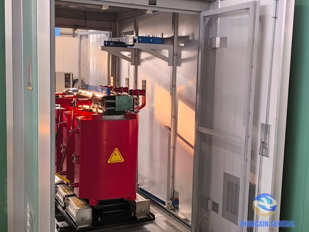 630 kVA cast resin dry-type transformer installed inside a box-type prefabricated substation — Zhongxin General