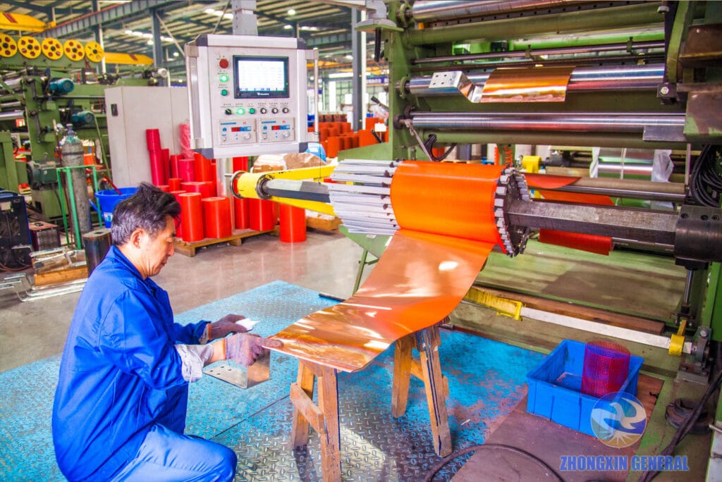 Low-voltage foil winding process of 630 kVA dry-type transformer — copper foil and output copper busbar welding detail Zhongxin General factory