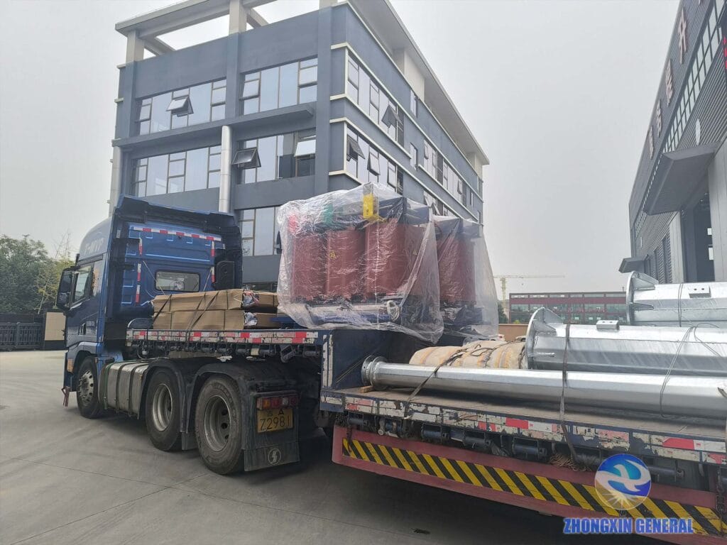 Batch of cast resin dry-type transformers loaded on truck at Zhongxin General factory ready for domestic delivery