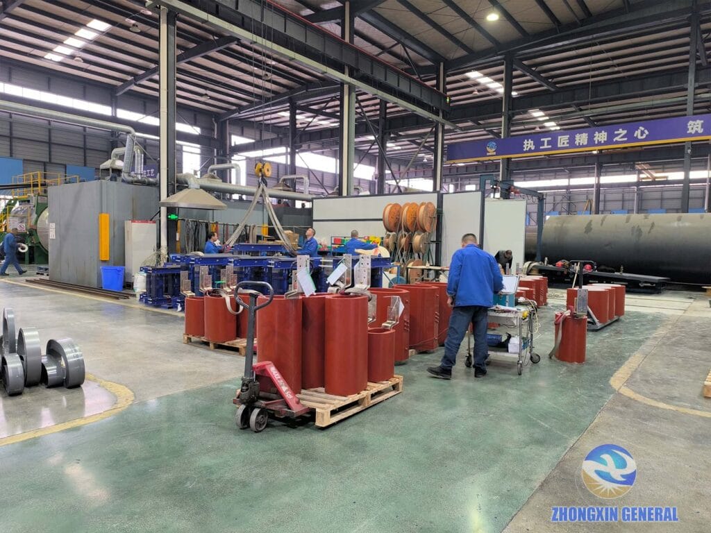 Experienced technician performing initial assembly of dry-type transformer HV windings after testing — Zhongxin General factory