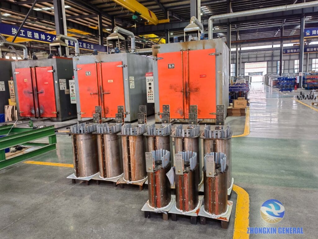 Multiple dry-type transformer HV and LV windings after epoxy vacuum casting entering curing oven — Zhongxin General