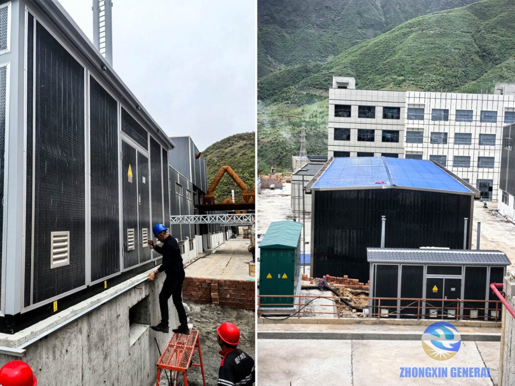 Site team inspecting two distribution panels at Shunhong Environmental 35kV substation — pre-acceptance check Ganlo Sichuan May 2026