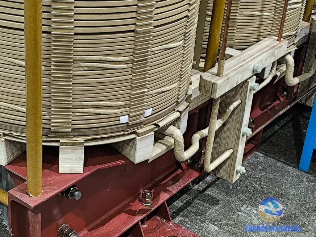Active part detail of a 10000kVA transformer showing leads and windings