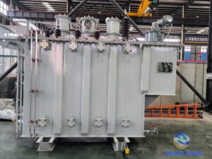 Completed 10000kVA oil-immersed OLTC transformer HV side view Title: 10000kVA Transformer Completed Unit — HV Side