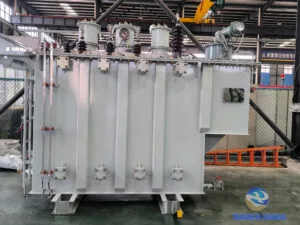 Completed 10000kVA oil-immersed OLTC transformer HV side view Title: 10000kVA Transformer Completed Unit — HV Side