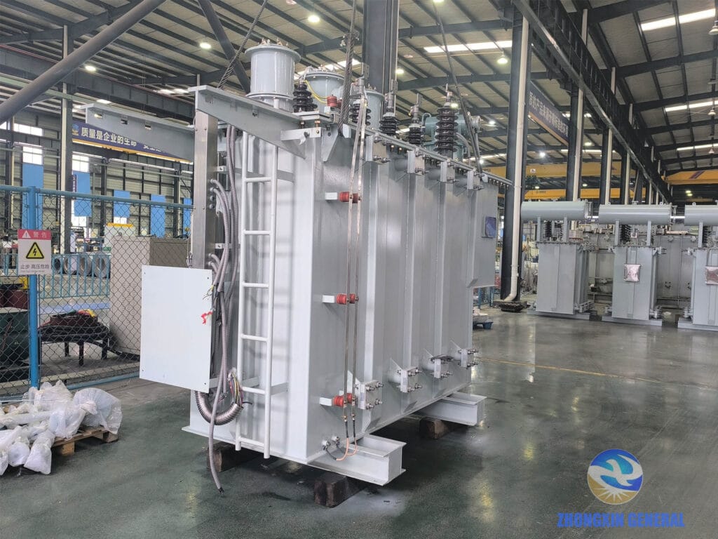 Side view of a completed 10000kVA oil-immersed transformer