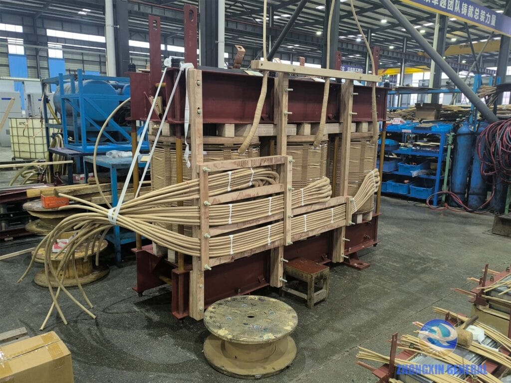 Binding and securing lead wires on a 10000kVA transformer winding Title: 10000kVA Transformer Winding Lead Binding