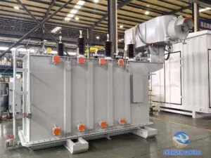 Full view of the HV side of the completed 16000 kVA OLTC oil-immersed transformer — 35kV Zhongxin General