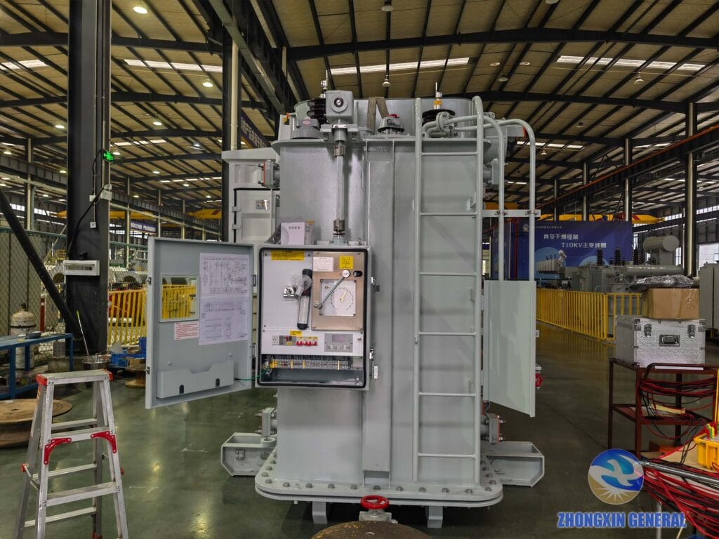 Interior of on-load tap changer motor drive mechanism box on 16000 kVA transformer — tap position dial and controls, Zhongxin General