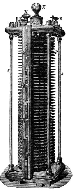 Early transformer device displayed at the 1884 Turin Exhibition