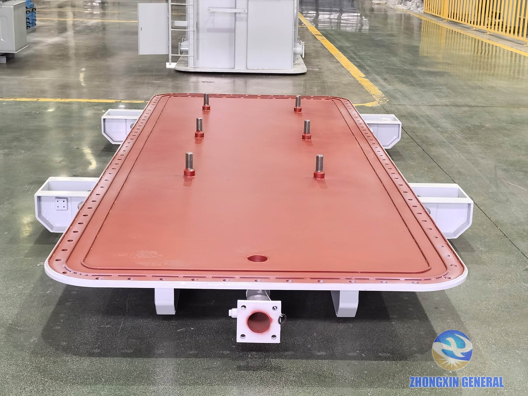 31500kVA transformer tank top cover with bolt holes and flange fittings on ground support — Zhongxin General