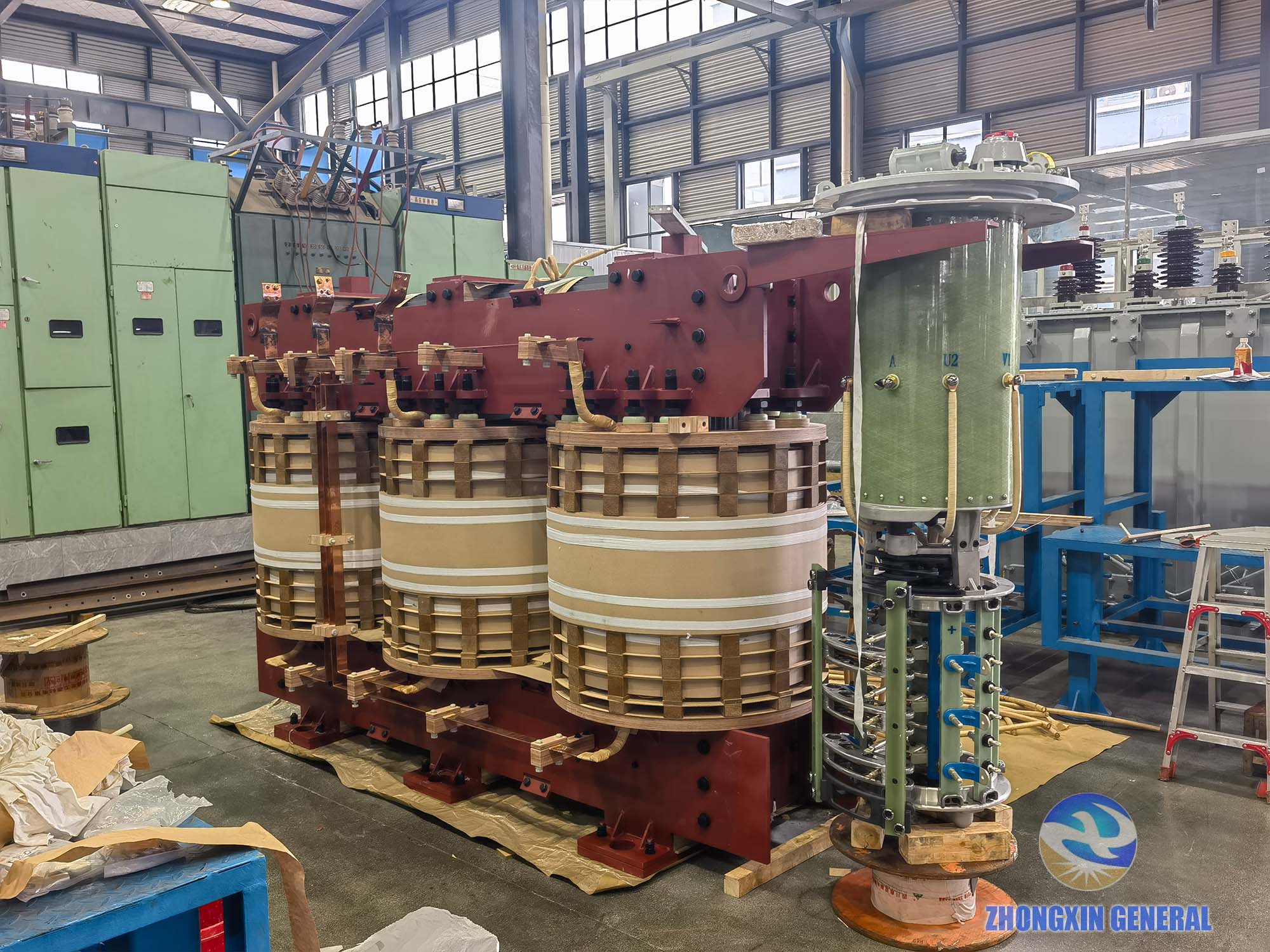 Semi-finished 31500kVA transformer active part showing three-phase core and coil windings — Zhongxin General