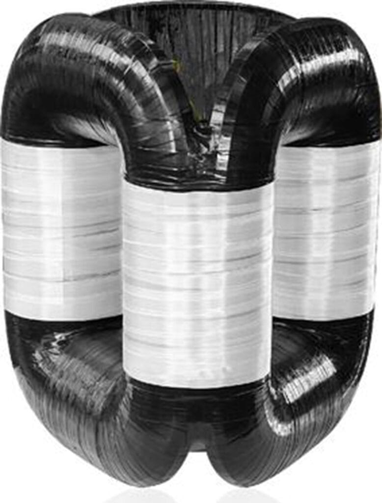 Bare three-phase wound amorphous alloy transformer core with three identical closed-loop frames joined into a triangular structure