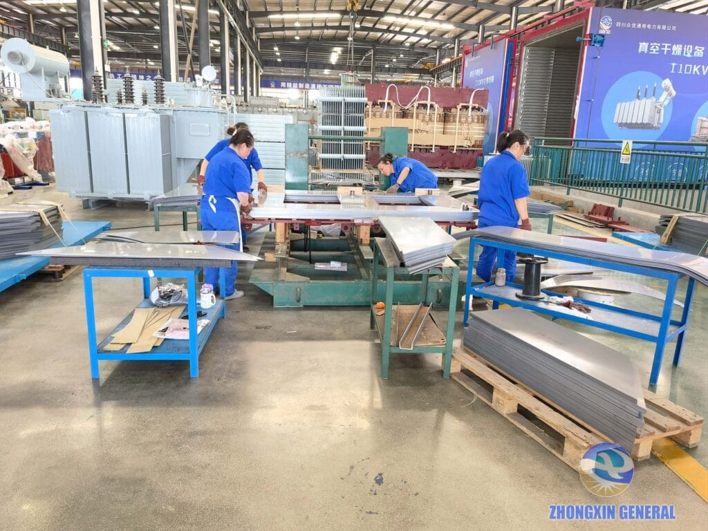 Multiple technicians stacking the silicon steel core laminations of a 63000kVA transformer — Zhongxin General factory