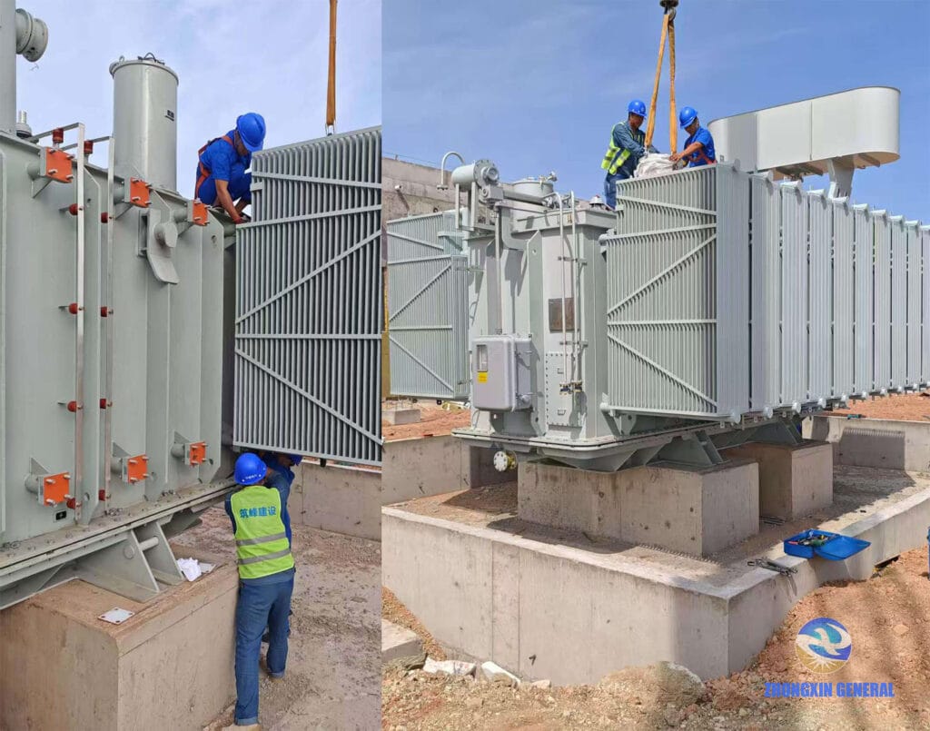 Crane lifting and installing a 63000kVA 110kV transformer at a substation construction site — Zhongxin General